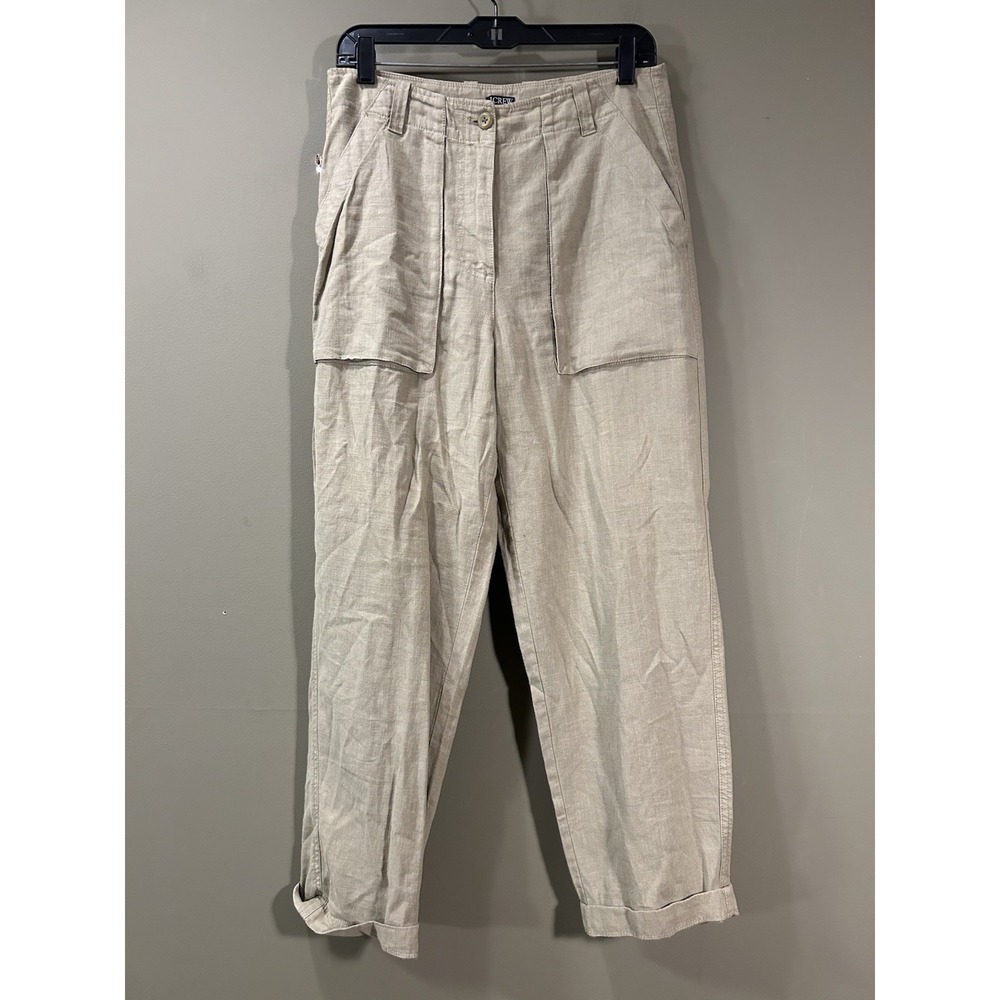 J. Crew Seaside Linen Cargo Pant Women's Sz 6 Green Barrel Leg Boho Coastal Cuff